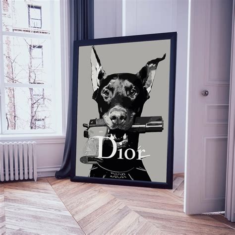 dior doberman with gun|Dior Doberman Framed Print .